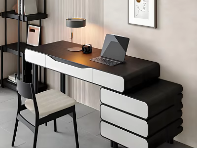 Modern Office Desk With Laptop Table Lamp And Camera Near Beige Cushion Chair 3d model