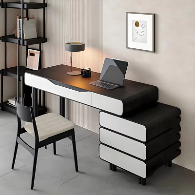 Modern Office Desk With Laptop Table Lamp And Camera Near Beige Cushion Chair 3d model
