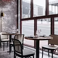 Modern Industrial Restaurant Interior With Textured Gray Walls Windows Round Tables White Chairs And Tableware