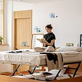 Double Bed With Wooden Slat Design In Modern Bedroom With Books Kettle And Wooden Blinds