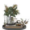 Stylish Decorative Ornament Set With Green Plants Glass Vases Candles Books And Dried Pampas Grass