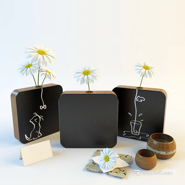 Stylish Decorative Ornament Set with Black Square Holders White Daisies and Hand Drawn Patterns 3d model