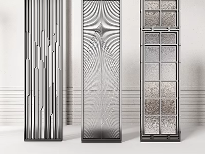 Three Decorative Room Dividers With Modern Geometric Lines Leaf Design And Grid Panels 3d model
