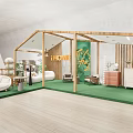 Wooden Exhibition Booth With Green Carpet Home Furniture Poster And Decorative Plants