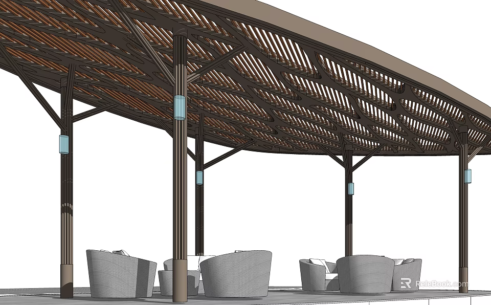 Outdoor Pergola With Wooden Lattice Roof Columns Blue Accents And Gray Lounge Chairs 3d model 