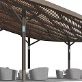 Outdoor Pergola With Wooden Lattice Roof Columns Blue Accents And Gray Lounge Chairs