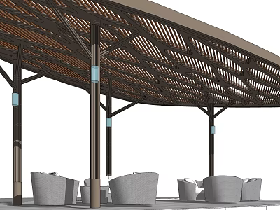 Outdoor Pergola With Wooden Lattice Roof Columns Blue Accents And Gray Lounge Chairs 3d model