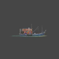 Wu Peng Blue And White Wooden Boat With Cabin Crane Ropes And Chimney On Water
