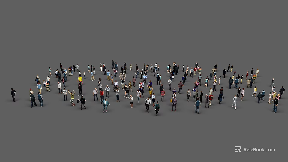 Many People in Crowd Standing on Gray Background with Various Outfits 3d model