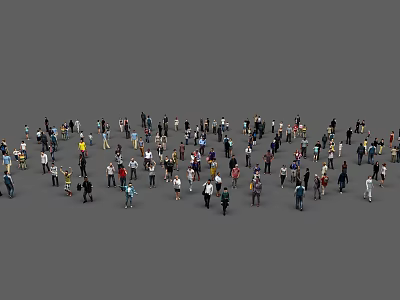 Many People in Crowd Standing on Gray Background with Various Outfits 3d model