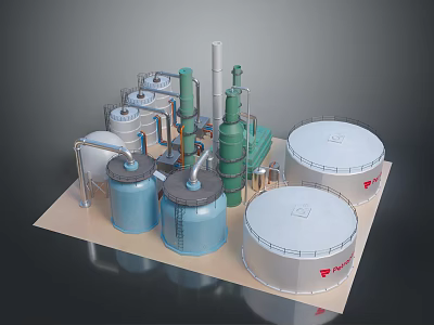 Industrial Facility Model With Blue Silver Storage Tanks Green Towers And Pipes 3d model