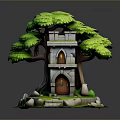 Enchanting Tree Tower Building With Green Foliage Stone Path And Wooden Door