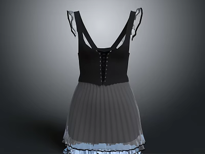 Black And Gray Spaghetti Strap Dress With Lace Up Back Pleated Skirt And Blue Trim 3d model