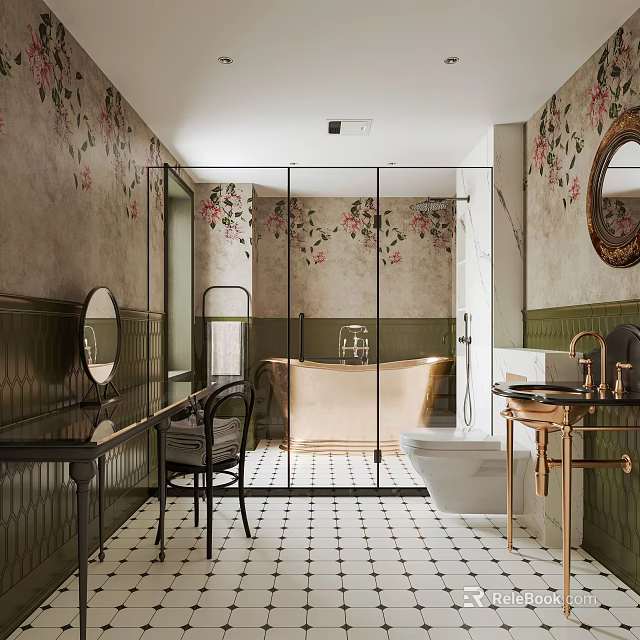 Elegant Modern Bathroom Interior With Floral Wallpaper And Brass Fixtures 3d model 