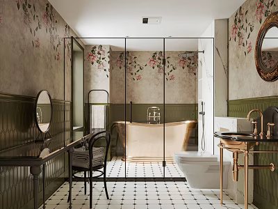 Elegant Modern Bathroom Interior With Floral Wallpaper And Brass Fixtures 3d model