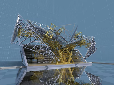 Modern Geometric Building Structure With Gold Silver Metal Framework And Water Reflection 3d model