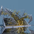 Modern Geometric Building Structure With Gold Silver Metal Framework And Water Reflection 3d model