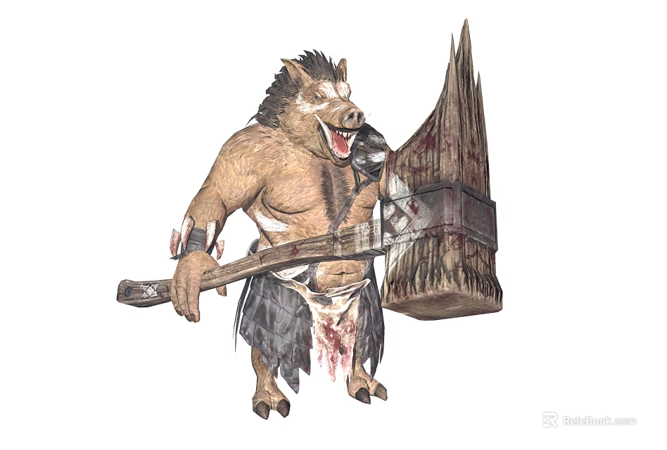 Boar Man Game Character Wielding Massive Spiked Weapon With Tattered Clothes And Bloodstains 3d model 