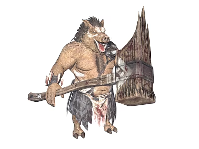 Boar Man Game Character Wielding Massive Spiked Weapon With Tattered Clothes And Bloodstains 3d model