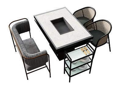 Modern Dining Table Set With Rattan Chairs Gray Bench Metal Frame And Glass Shelf 3d model