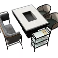 Modern Dining Table Set With Rattan Chairs Gray Bench Metal Frame And Glass Shelf