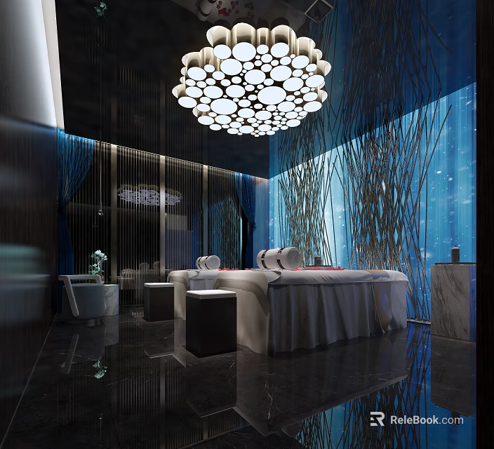Modern SPA Sauna Interior With Chandelier Massage Beds Blue Decor Glass Windows Dark Marble Flooring 3d model 