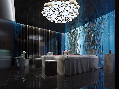 Modern SPA Sauna Interior With Chandelier Massage Beds Blue Decor Glass Windows Dark Marble Flooring 3d model