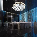 Modern SPA Sauna Interior With Chandelier Massage Beds Blue Decor Glass Windows Dark Marble Flooring