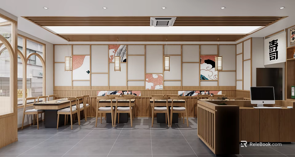 Traditional Japanese Restaurant Interior With Wooden Decor Lanterns And Artworks 3d model 