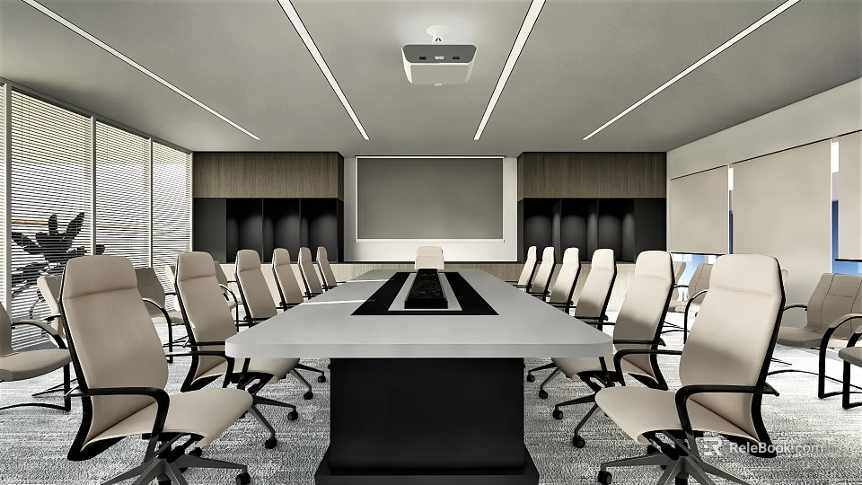 Modern Conference Room With Long Table Chairs Projection Screen And Ceiling Lights 3d model 