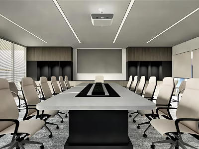 Modern Conference Room With Long Table Chairs Projection Screen And Ceiling Lights 3d model