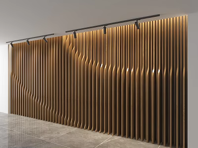 Modern Wooden Wall Design With Vertical Slats Wavy Pattern And Track Lighting 3d model