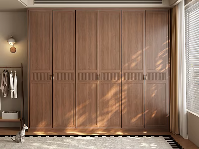 Modern Wooden Wardrobe with Multiple Doors and Natural Light Shadow in Simple Bedroom 3d model