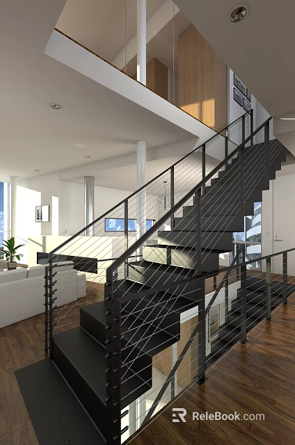 Modern Black Metal Staircase With Metal Railings In Open Spacious Living Room Interior 3d model 