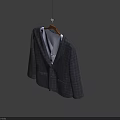 Dark Plaid Suit Jacket Hanging On Wooden Hanger With White Shirt Against Blue Background