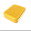 Golden Square Tin Box with Engraved Text and Decorative Patterns