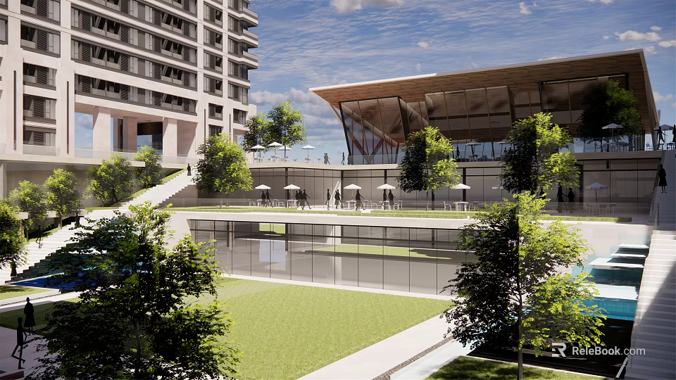 Modern High rise Residential Landscape With Green Lawn Trees And Glass Fence Outdoor Area 3d model 