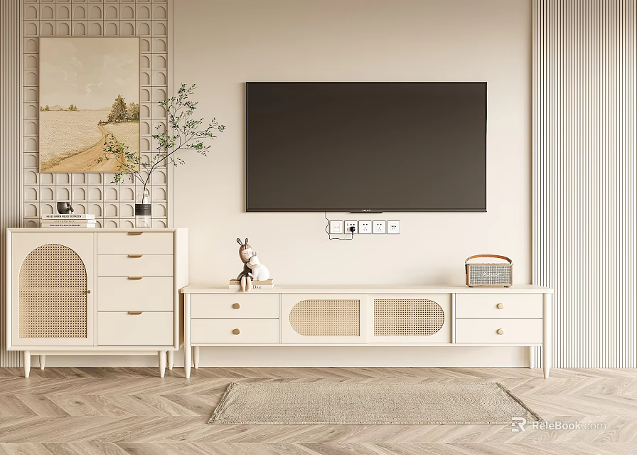 Modern Living Room White TV Stand With Drawer Door Design Wall Mounted TV And Plant 3d model 