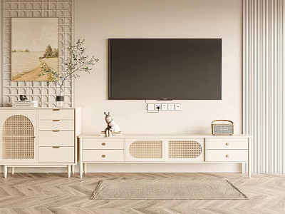 Modern Living Room White TV Stand With Drawer Door Design Wall Mounted TV And Plant 3d model