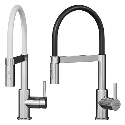 Two Modern White And Black Faucets With Curved Neck And Brushed Metal Finish 3d model