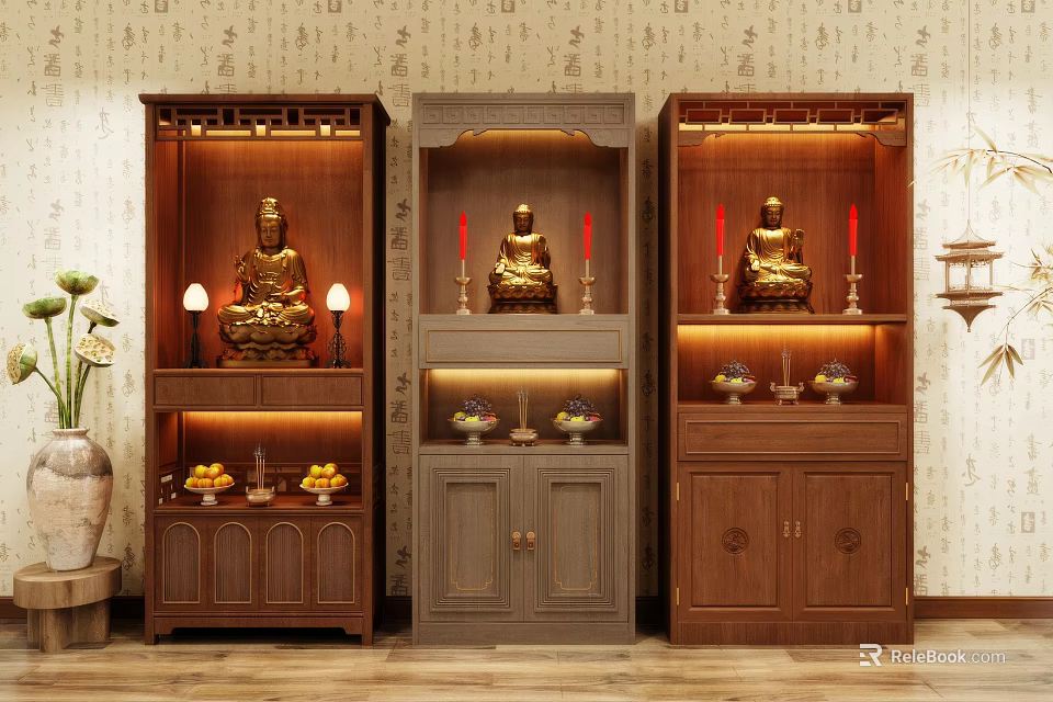 Traditional Chinese Wooden Buddhist Shrine Cabinets with Buddha Statues Candles Offerings and Lighting Against Patterned Wall 3d model 