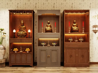 Traditional Chinese Wooden Buddhist Shrine Cabinets with Buddha Statues Candles Offerings and Lighting Against Patterned Wall 3d model