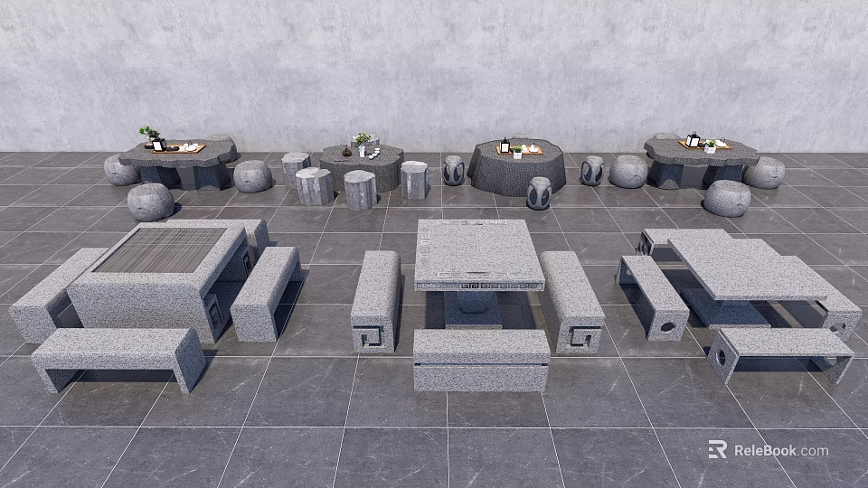 Modern Gray Stone Table and Chair Set for Outdoor Patio with Decorative Plants 3d model 