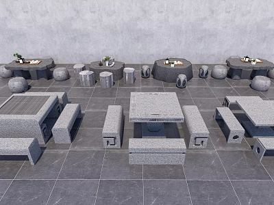 Modern Gray Stone Table and Chair Set for Outdoor Patio with Decorative Plants 3d model