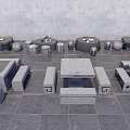 Modern Gray Stone Table and Chair Set for Outdoor Patio with Decorative Plants