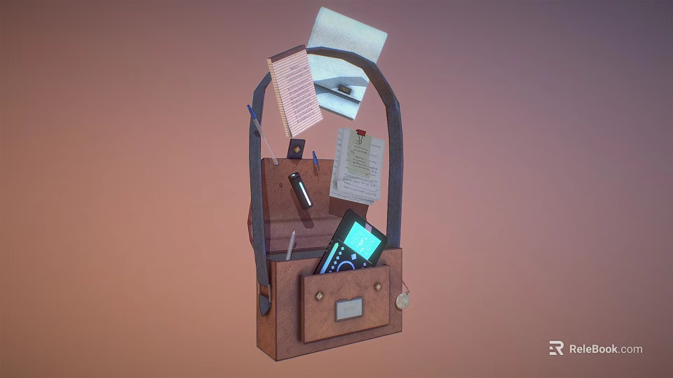 Organized Brown Leather Briefcase with Papers Pen and Mobile Phone Inside 3d model