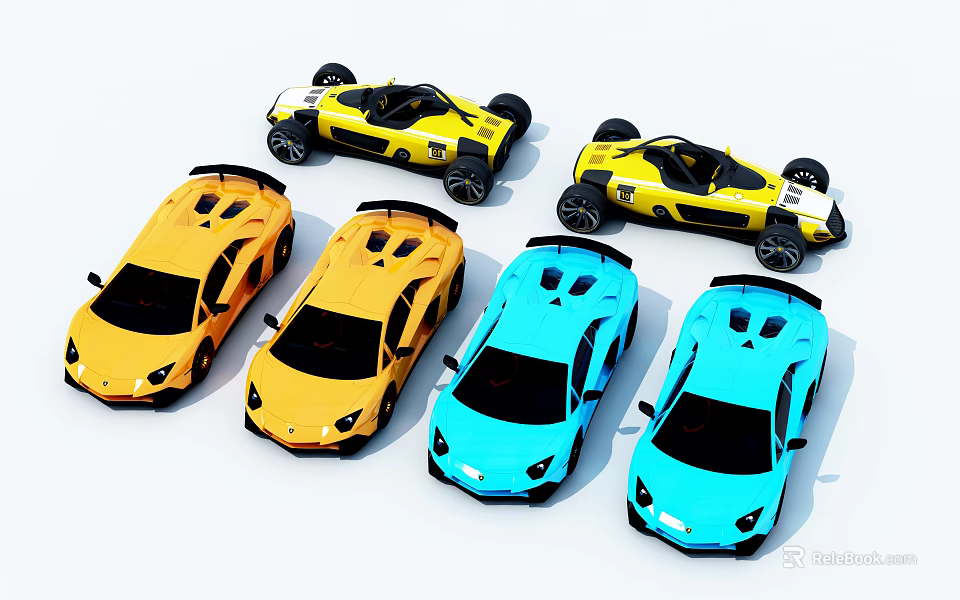 Colorful Yellow And Blue Sports Cars Featuring Convertible And Coupe Designs 3d model 