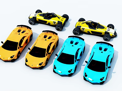 Colorful Yellow And Blue Sports Cars Featuring Convertible And Coupe Designs 3d model