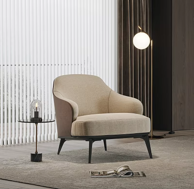 Beige Armchair With Side Table Candle And Vertical Stripe Blinds Hanging Lamp Gray Carpet 3d model