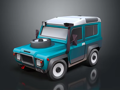 Cartoon Style Blue Off Road Car With White Roof Rack Round Headlights And Large Tires 3d model